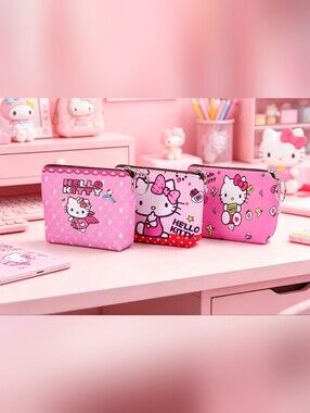 Sanrio Hello Kitty 3-Piece Mini Pouch Set Kawaii Zippered Coin Purse Makeup Bag